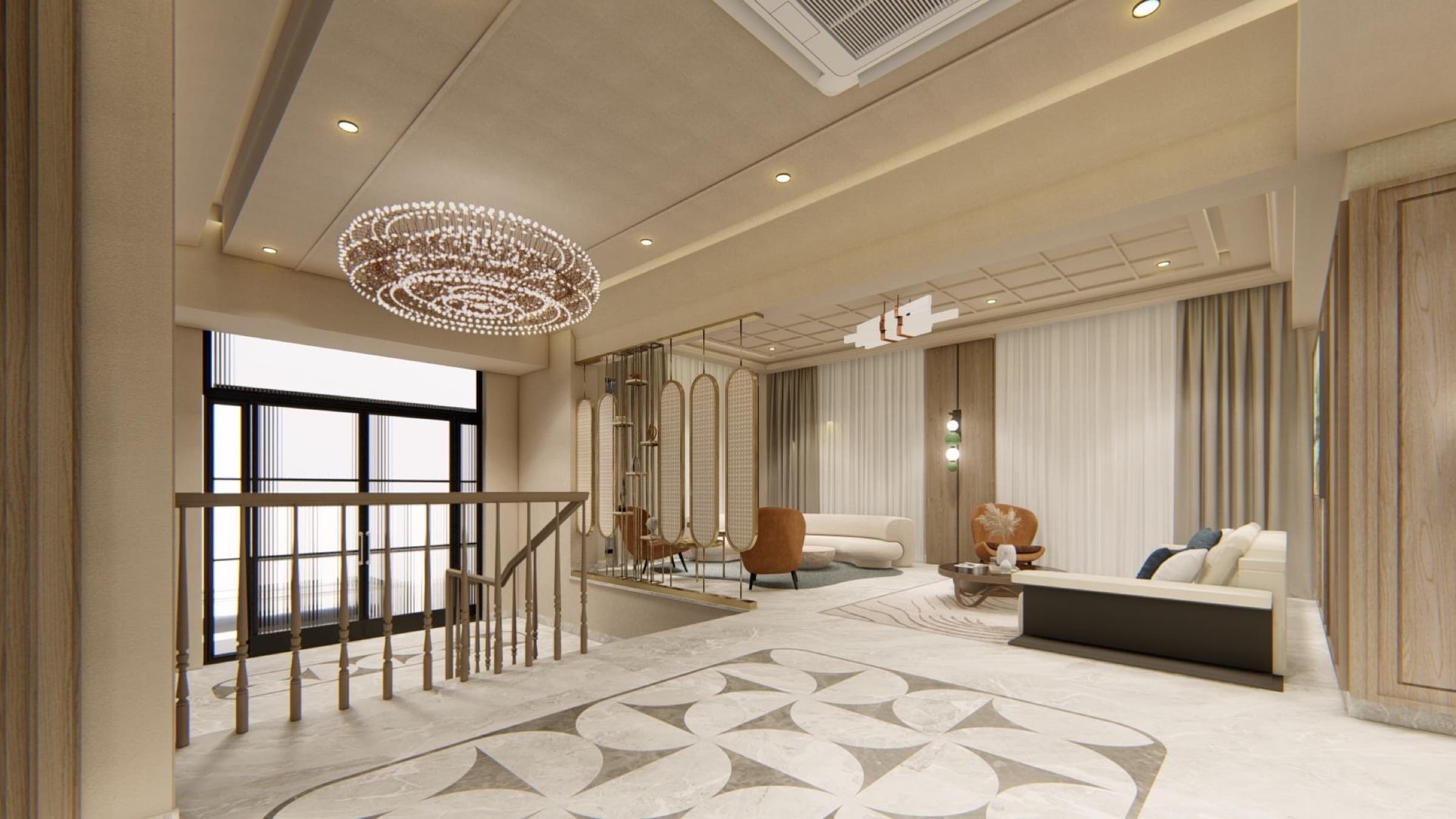 Double-height living hall with a raindrop chandelier and marble inlay