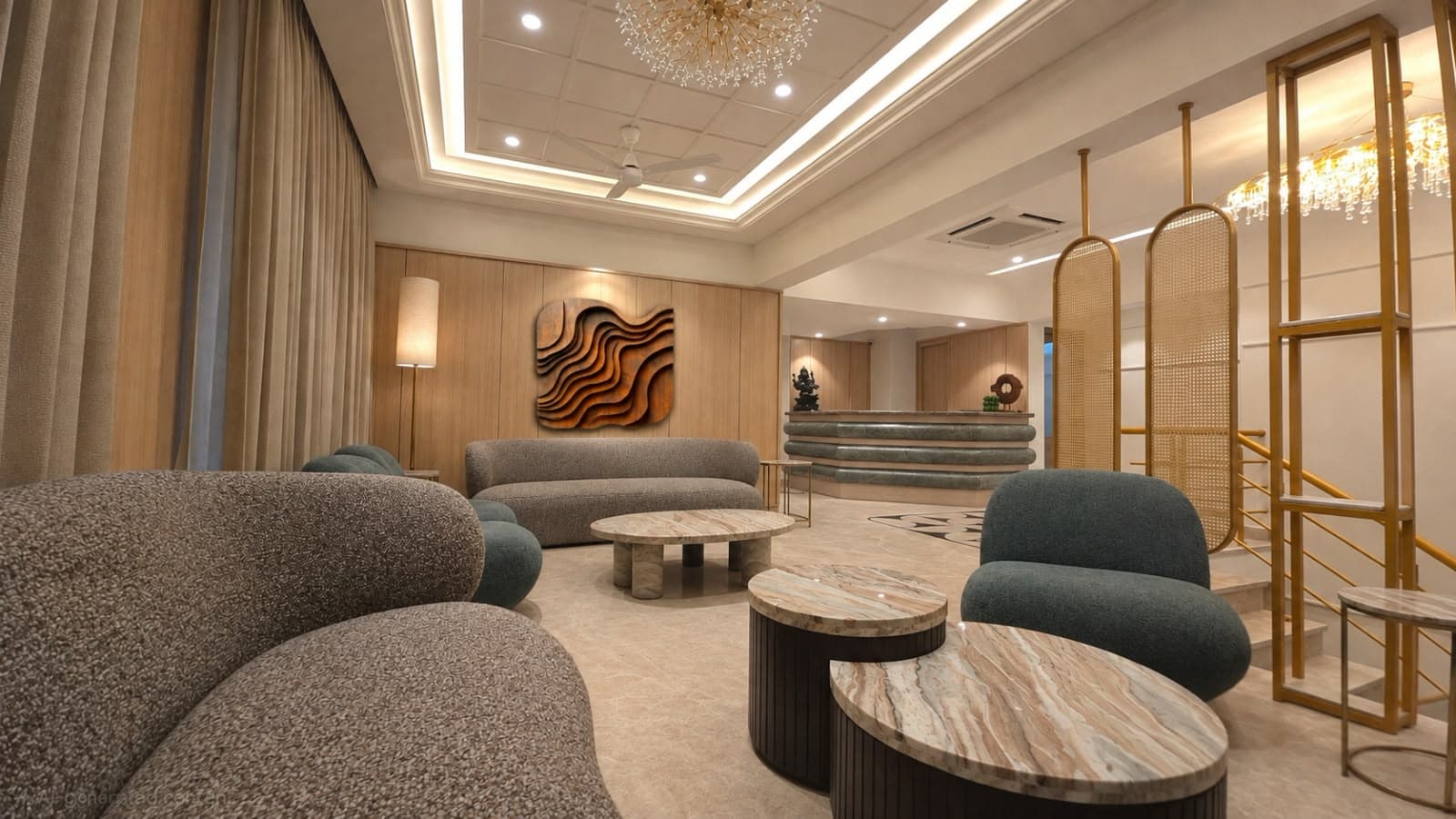 Lounge with rust velvet armchairs and a raindrop chandelier